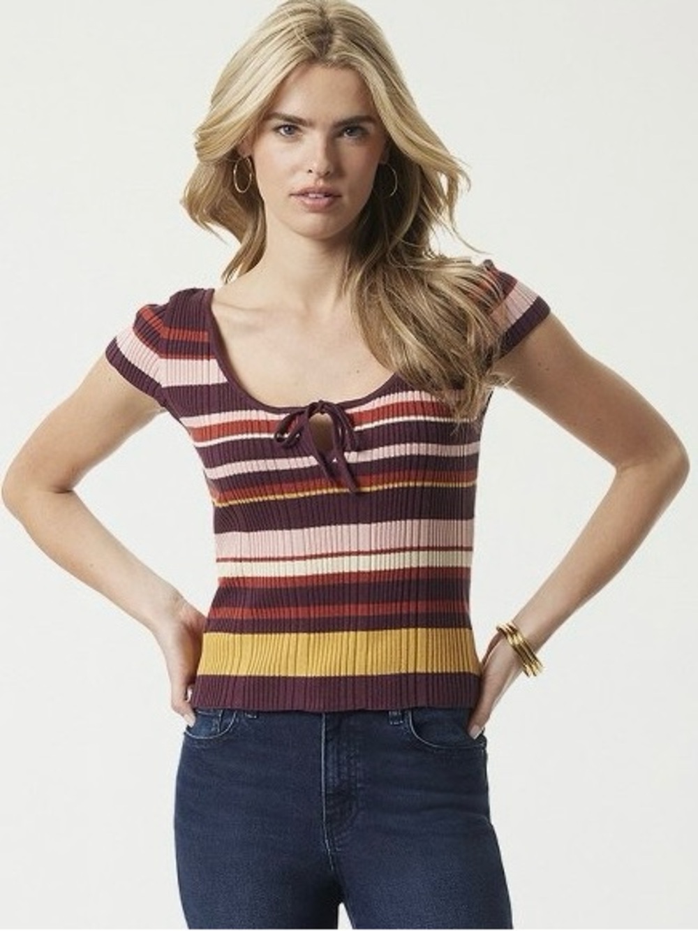 NWT Jessica Simpson Ribbed Striped Top Y2K Boho Bella Swan Festival 60s 70s L